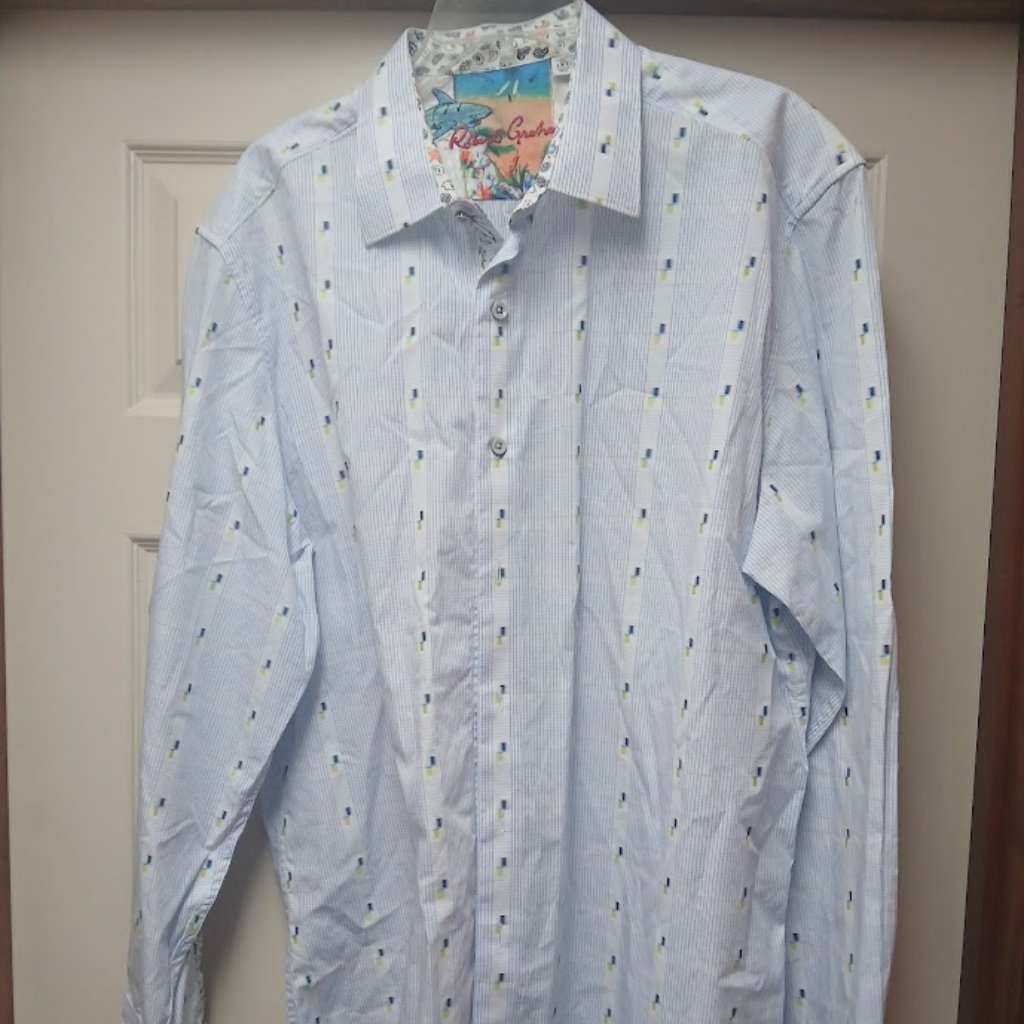 Robert Graham Dress Shirt Mens 2xl Geometric Ls Blue White Contrasting Trim Cuff